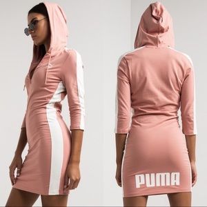 Puma blush pink / rose colored stretch dress with hood white stripes draw string